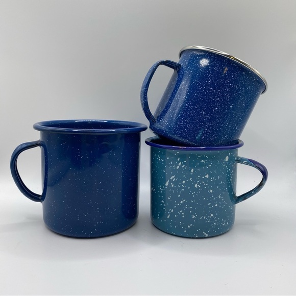 3 Blue Enamel Speckled Camping Coffee Mugs - Picture 2 of 16